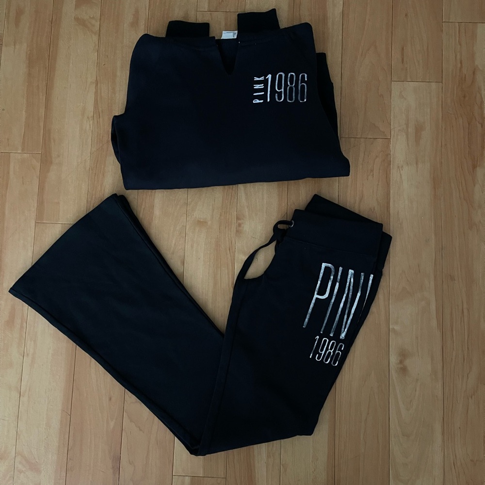 PINK Victoria Secret “PINK 1986” Black Hoodie & Flare Bottom Set XS